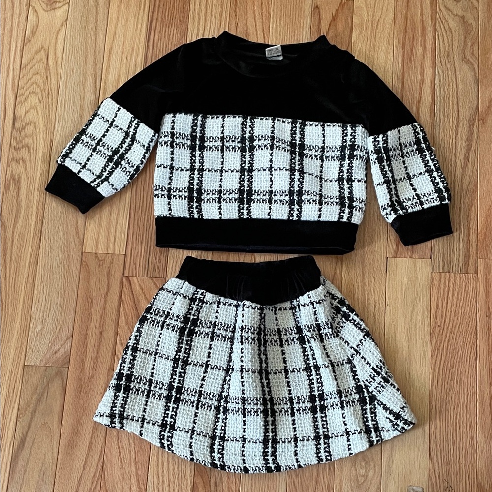 SHEIN 2 Piece Set Girls Small White Black Plaid Tweed Velvet Preppy